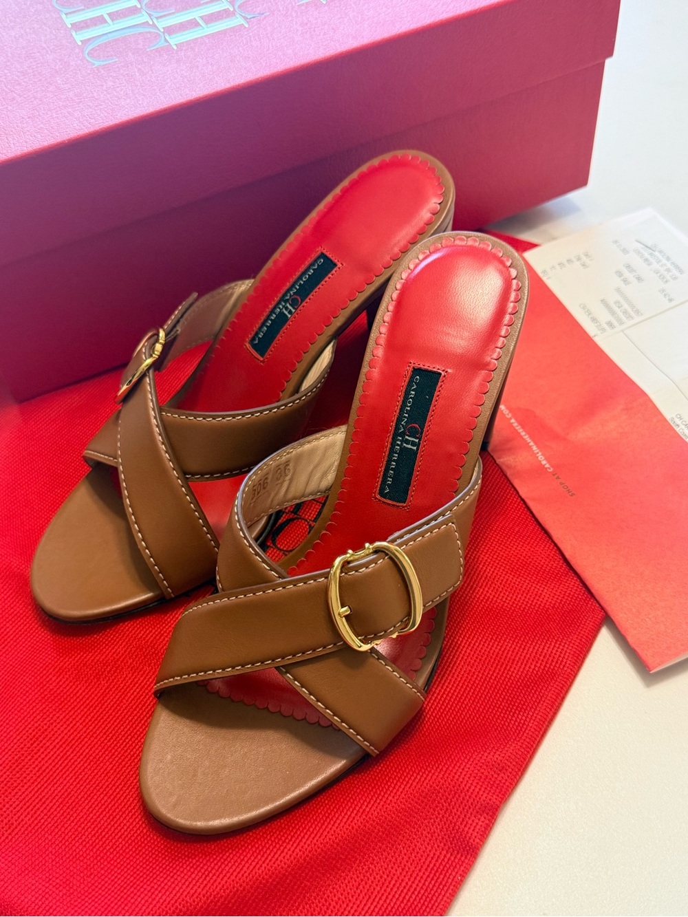 Carolina Herrera Brown Leather Slide Sandals with Red Insole and Gold Buckle